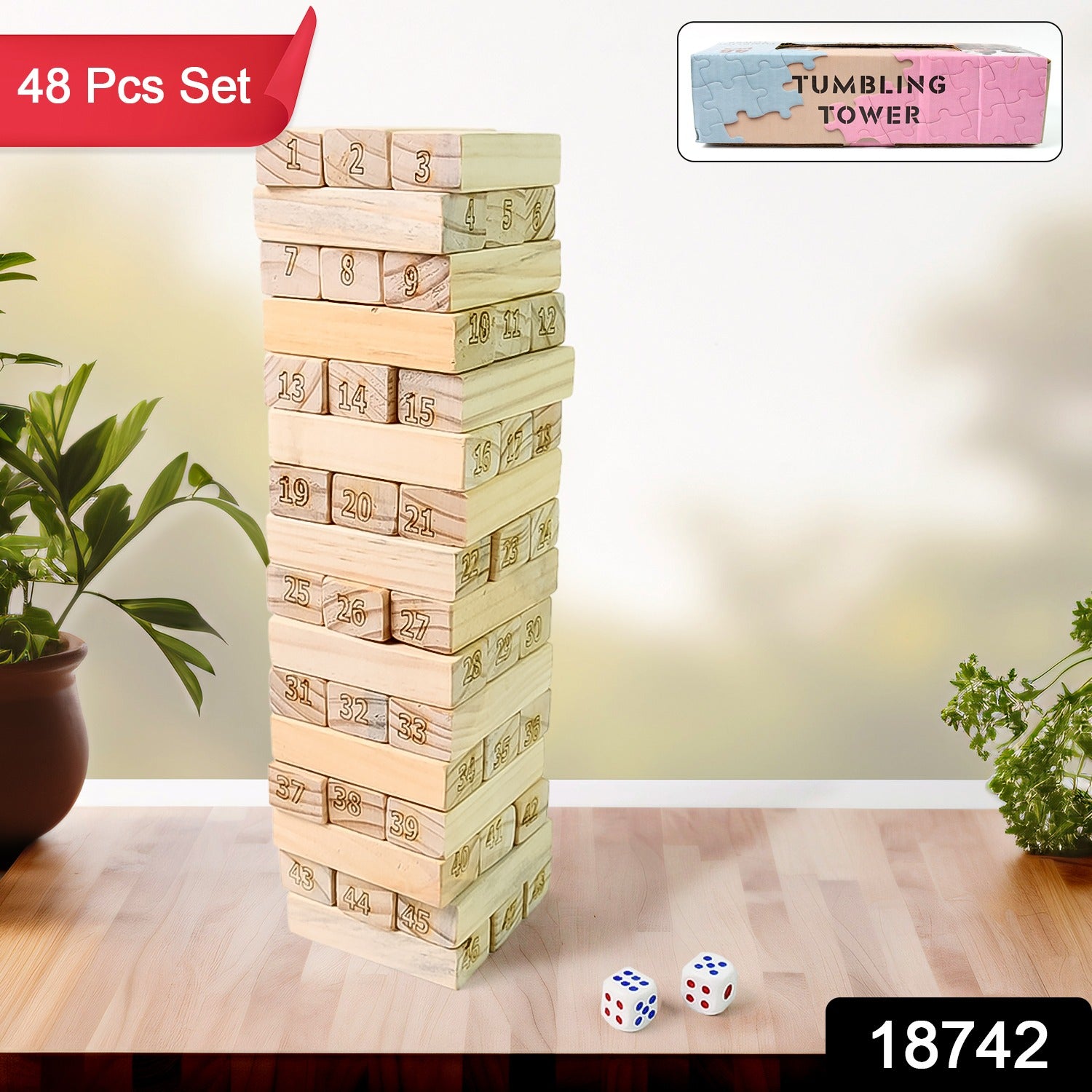 Wooden Tumbling Stacking Tower Game (48 Pcs Blocks 2 Dices) - rudrmart.in