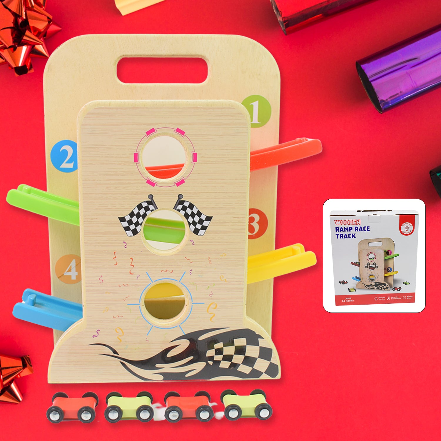 Wooden Ramp Racer Race Track Vehicle Play Sets With 4 Mini Racers (With Handle) - rudrmart.in