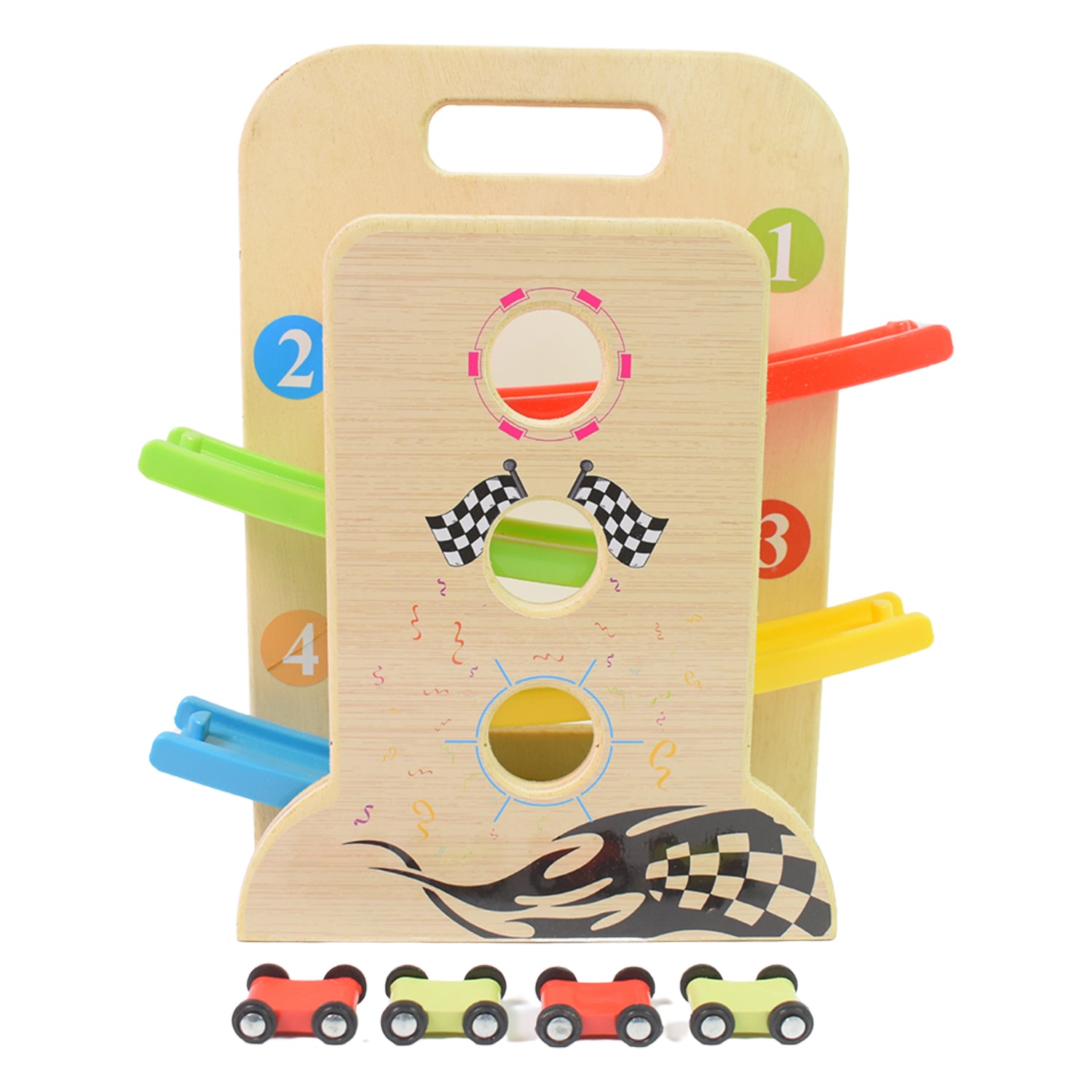 Wooden Ramp Racer Race Track Vehicle Play Sets With 4 Mini Racers (With Handle) - rudrmart.in