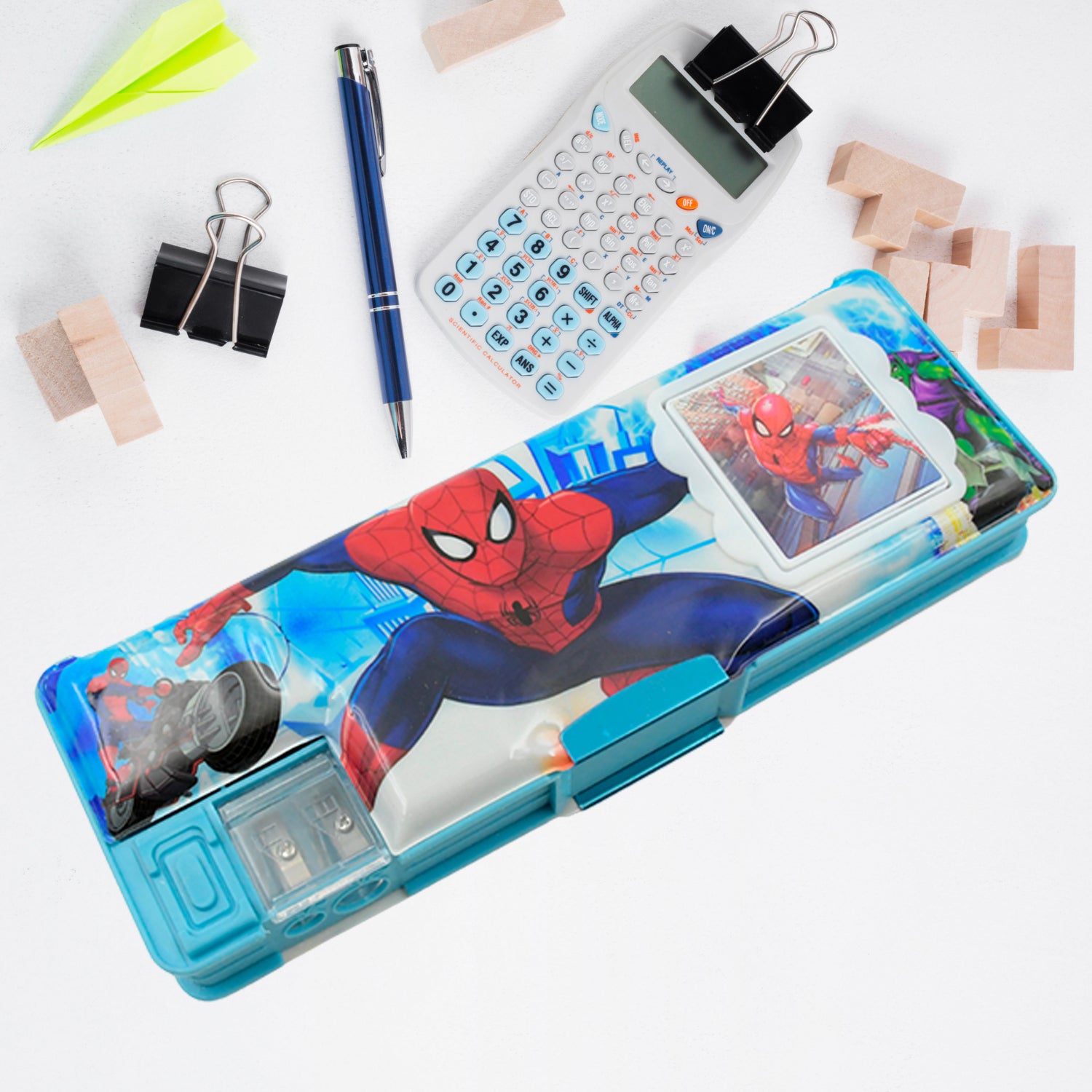 4260 Art  Stationery Cartoon Multi-functional Geometry Box For Boys With Inbuilt Calculator 2 Sides Open And Double Sharpener Stationery Kit Pencil Box For Boys Art Plastic Pencil Box  For Girls And Boys - rudrmart.in