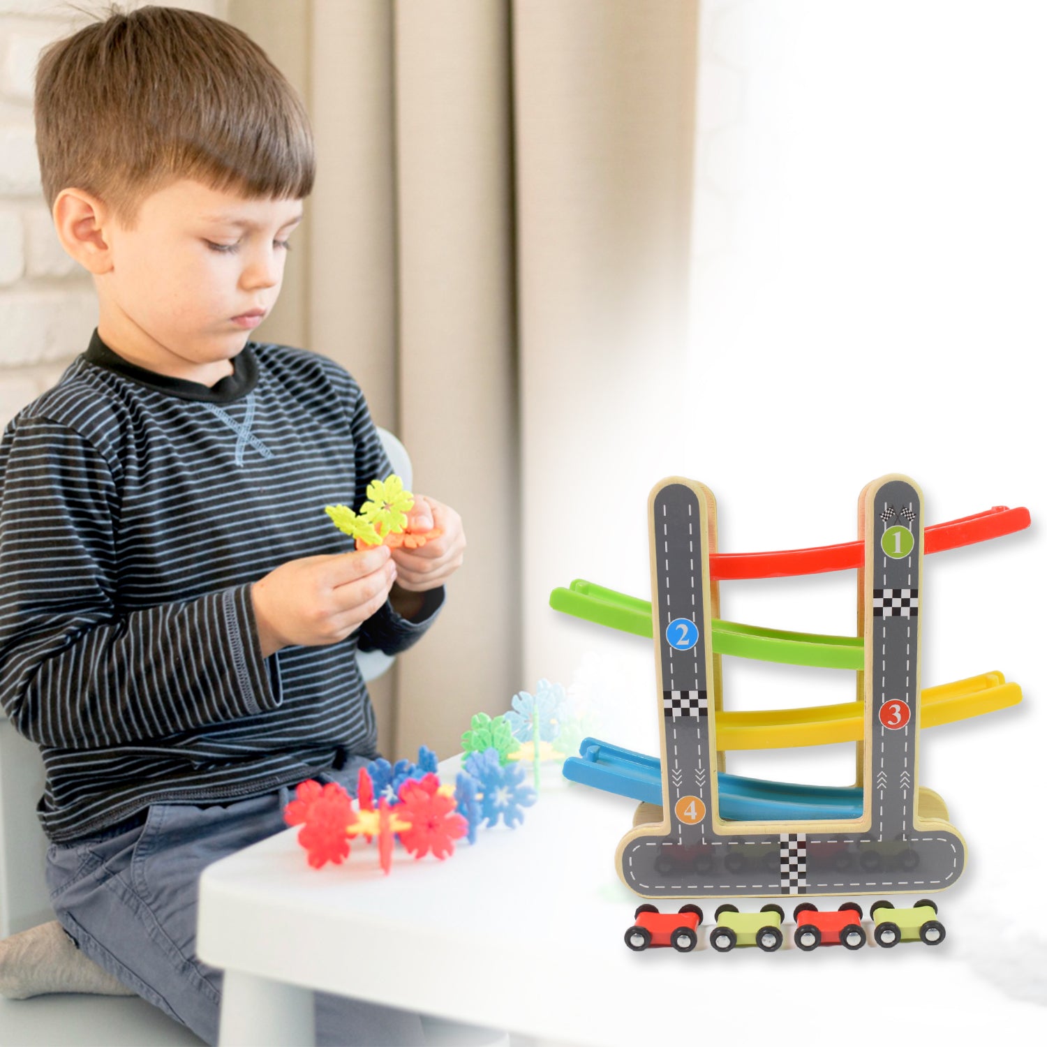 Wooden Ramp Racer Race Track Vehicle Play Sets With 4 Mini Racers (With Handle) - rudrmart.in