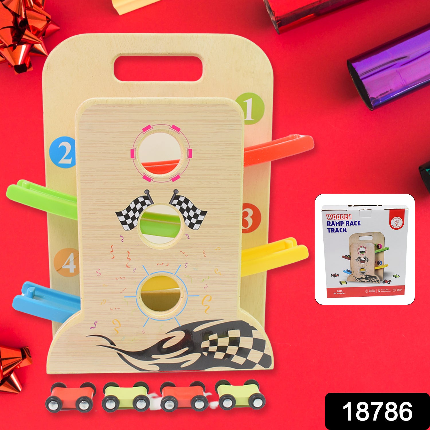 Wooden Ramp Racer Race Track Vehicle Play Sets With 4 Mini Racers (With Handle) - rudrmart.in