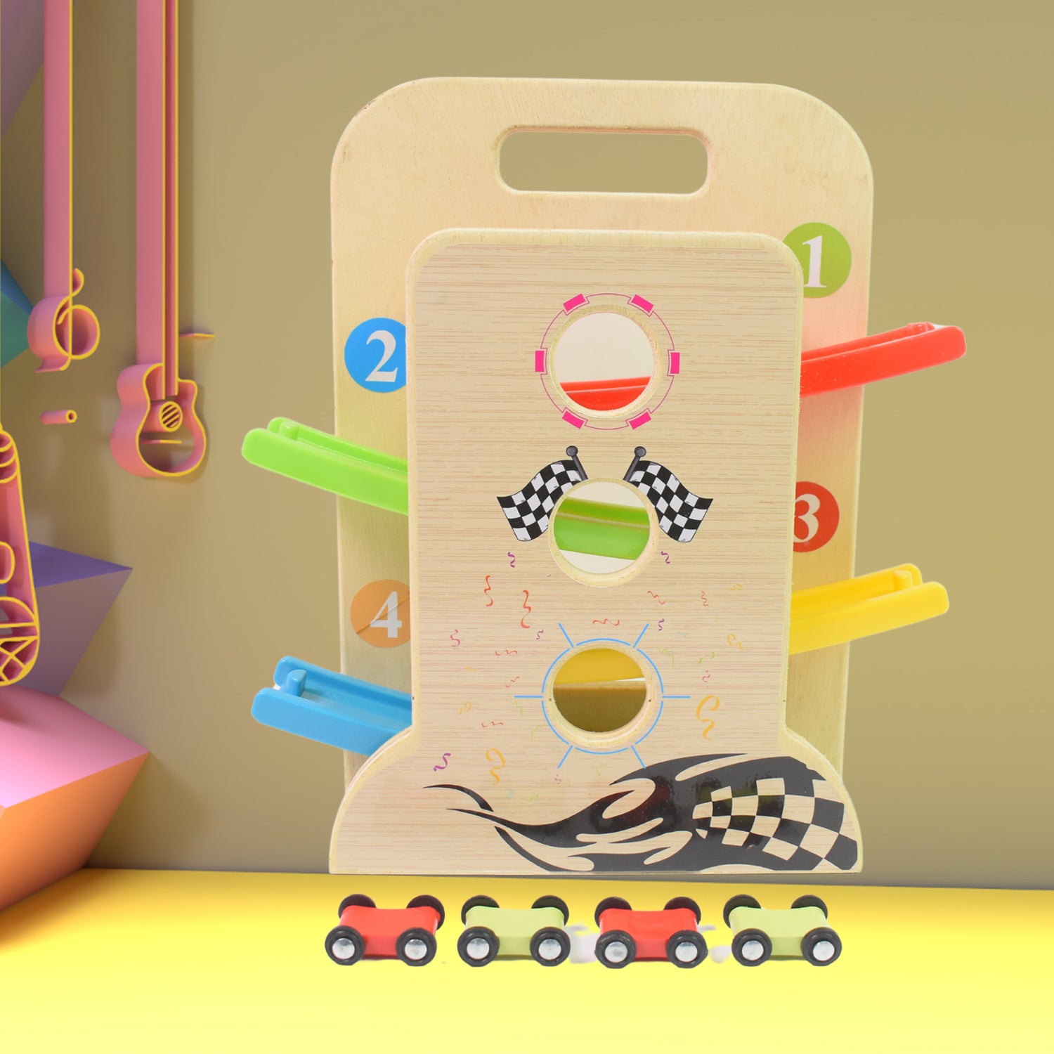 Wooden Ramp Racer Race Track Vehicle Play Sets With 4 Mini Racers (With Handle) - rudrmart.in